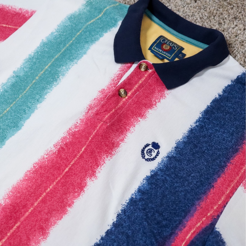 Vintage Chaps Ralph Lauren Polo Shirt XL Paintbrush‎ Stripe Crest Logo 90s - Picture 3 of 15